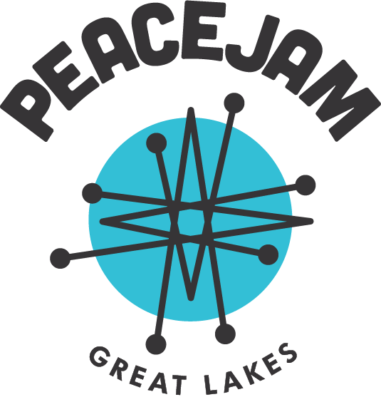 PeaceJam Great Lakes logo blue circle with black lines intersecting through circle